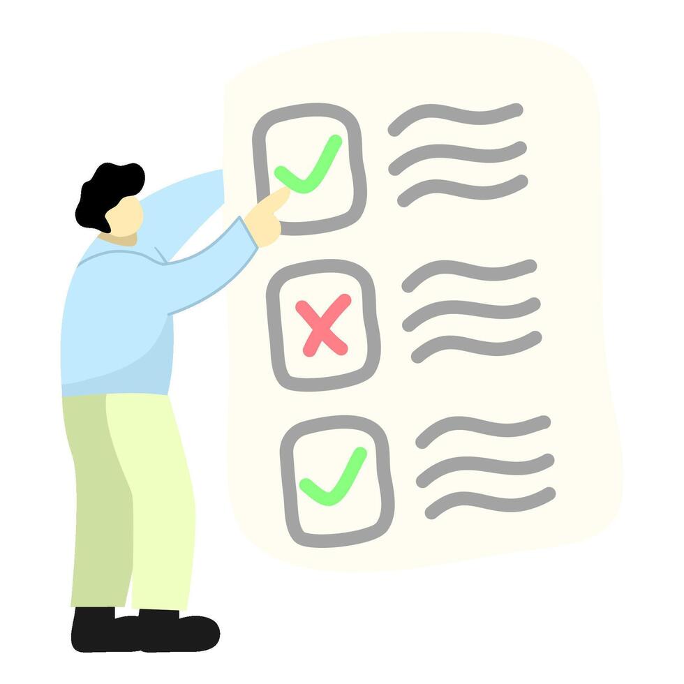illustration of a person filling out a data checklist on paper, illustration of a data collection checklist, flat design of a character filling out a checklist sheet vector