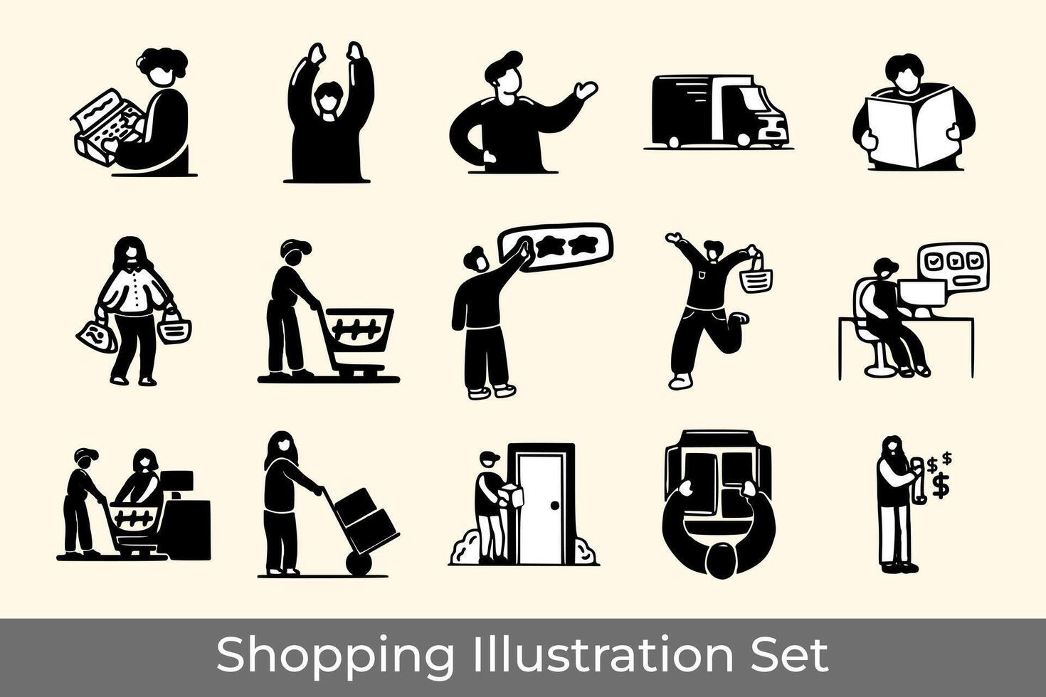 A collection of character illustrations on the themes of business and work, typing, raising hands, pushing trolleys, paying at the cashier, courier, packaging vector