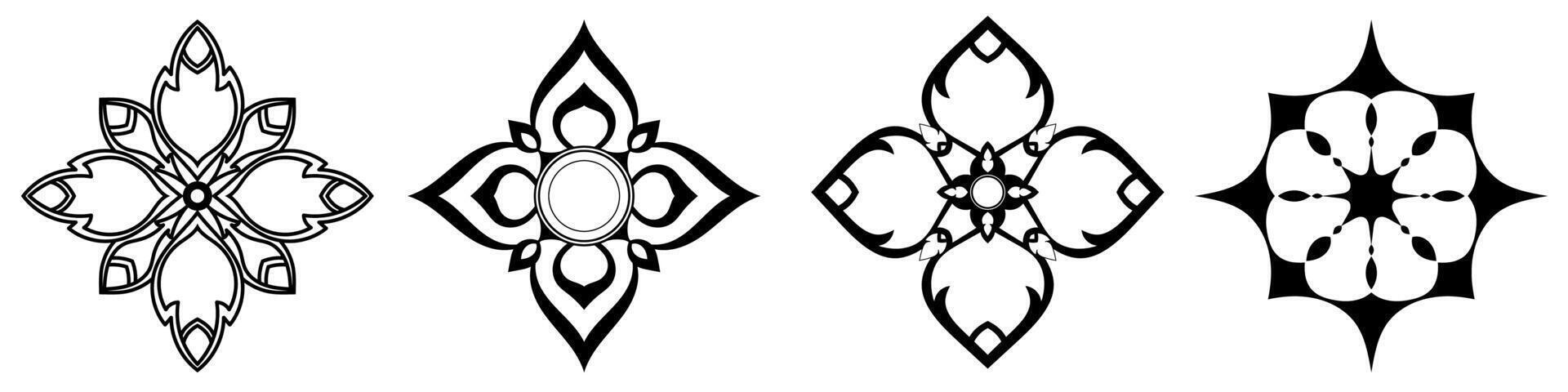 Set of abstract mandala flowers Decorative graphic element, black ornament on white background. vector