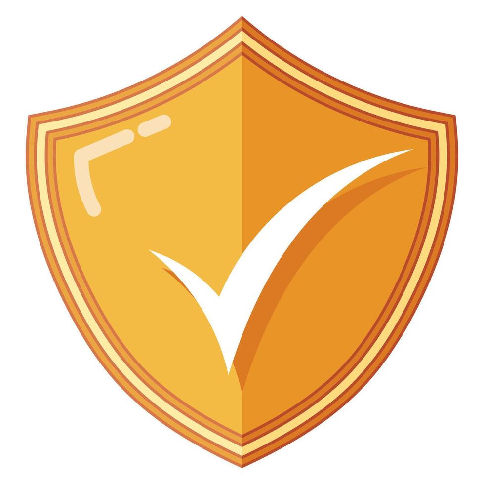 check mark on a golden protective shield represents safety vector