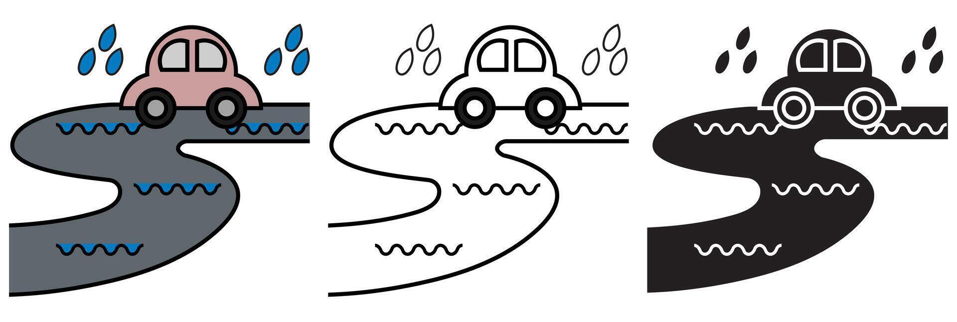 Car icon on the road. It's raining and the road is slippery. vector