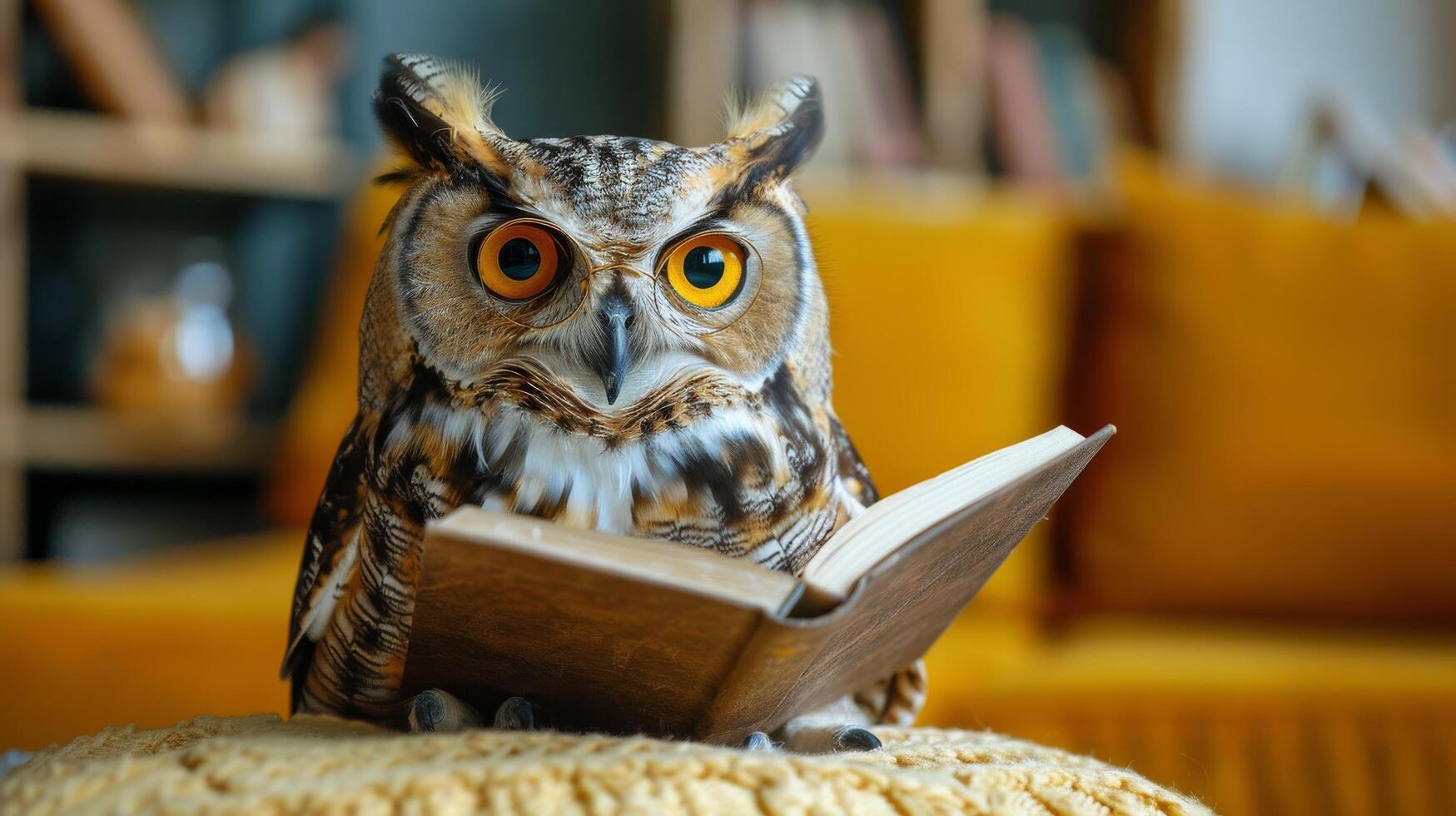 AI generated Owl Wearing Glasses Reading Book photo