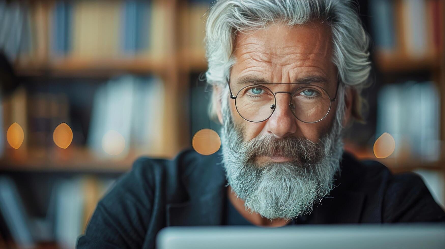 AI generated Man With Beard and Glasses Using Laptop at Table photo