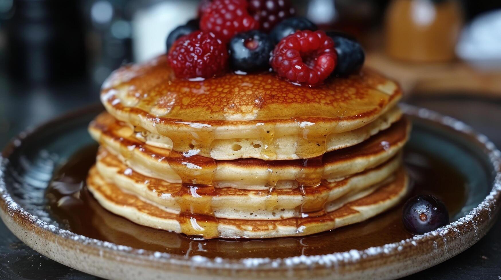 AI generated Stack of Pancakes Topped With Berries and Syrup photo
