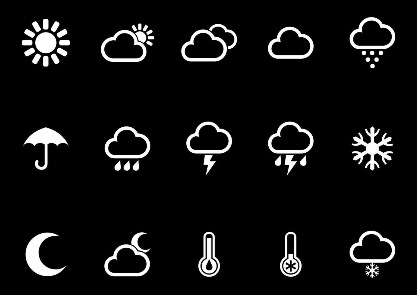 clima pronóstico blanco icono conjunto en negro antecedentes vector