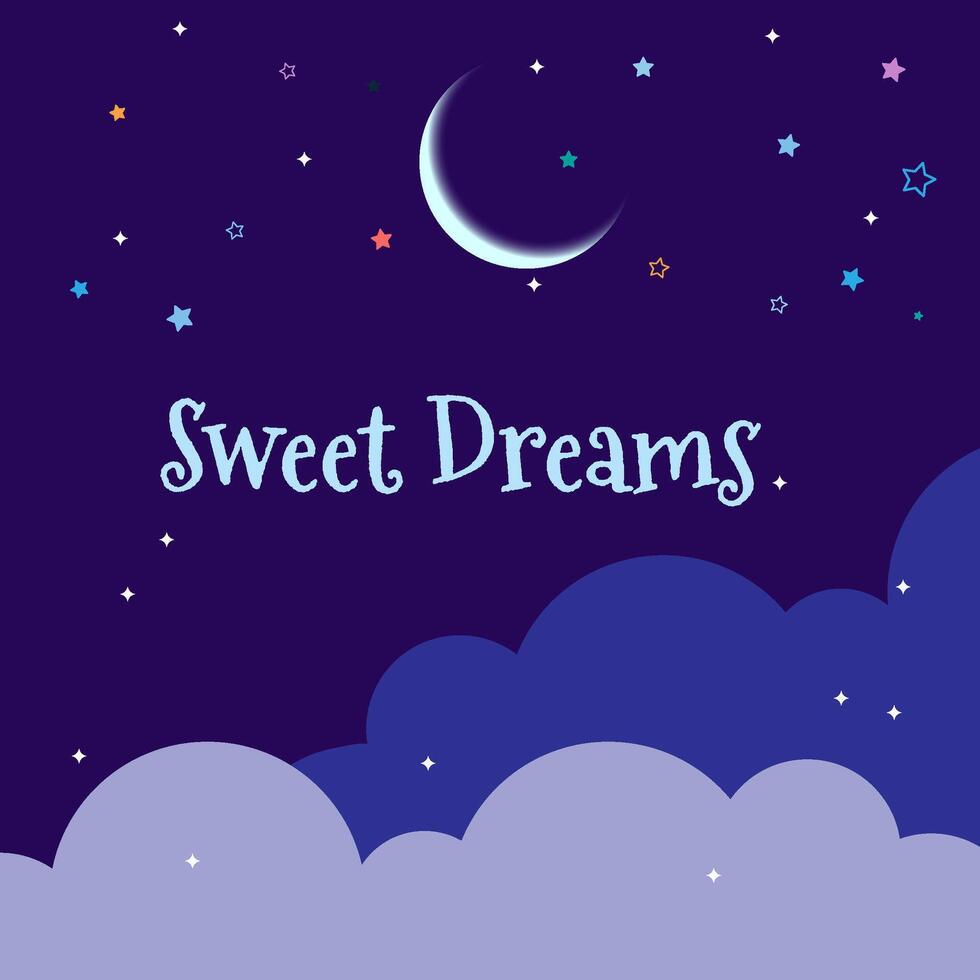dulce Sueños letras con creciente Luna nubes y estrellas en noche cielo antecedentes vector ilustración