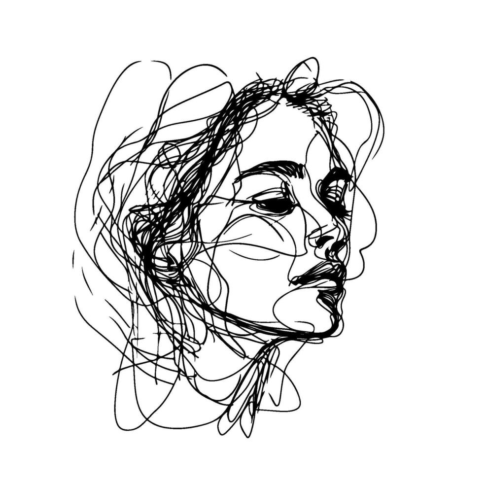 Vector portrait, woman face with hair, line drawing