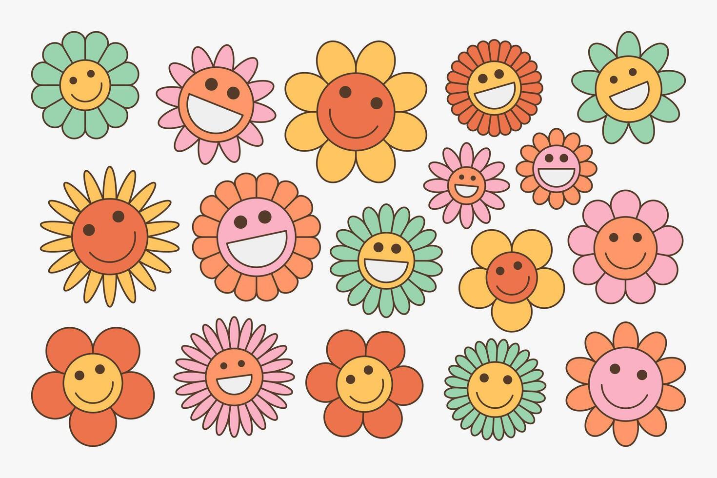 Groovy flower cartoon characters. Funny happy daisy with eyes and smile. Sticker pack in trendy retro trippy style. vector