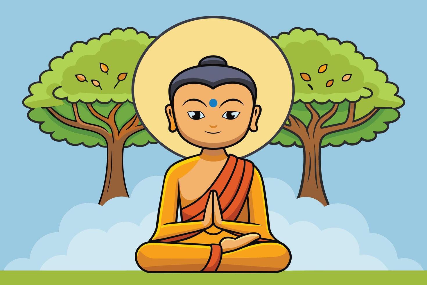 Vector illustration of Siddhartha Gautama enlightened under Bodhi tree, enlightenment of the Buddha under the Bodhi tree