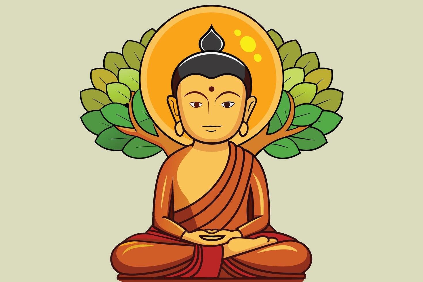 Vector illustration of Siddhartha Gautama enlightened under Bodhi tree, enlightenment of the Buddha under the Bodhi tree