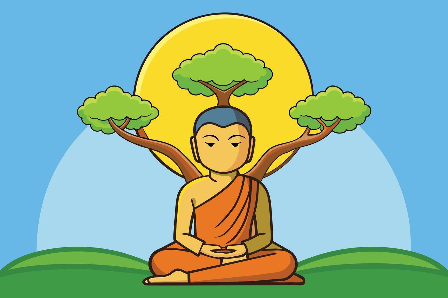 Vector illustration of Siddhartha Gautama enlightened under Bodhi tree, enlightenment of the Buddha under the Bodhi tree