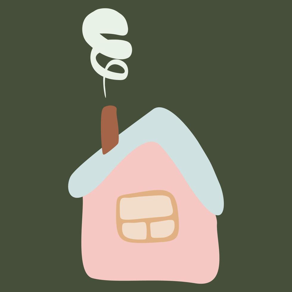 Cute little country house with window and roof. Facade of home with chimney and smoke. Cottage exterior. Flat Vector illustration isolated. Childish drawing style, Simple Graphic Art, Design Object.