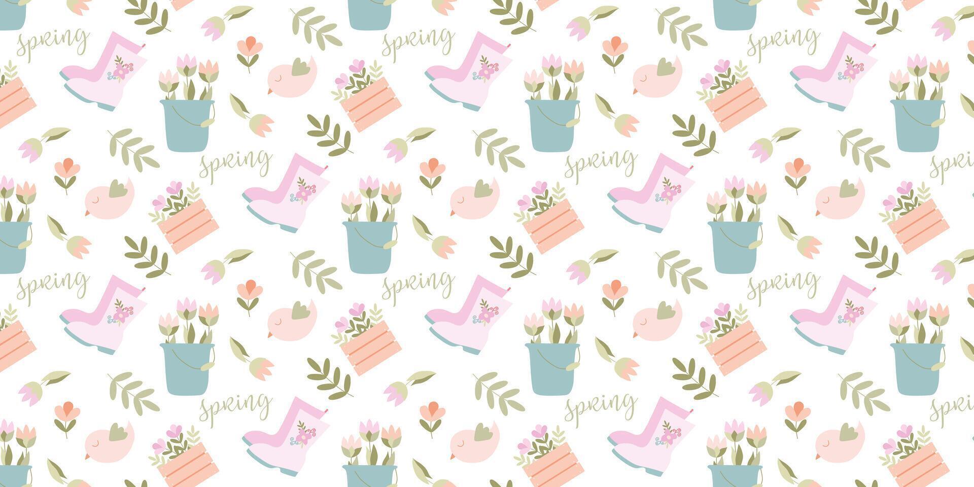 Seamless pattern, Gardening Spring bright. Rubber boots, Bucket, Flowers bouquet, Bird. Leaves. Vector Flat Cute background for Printing on paper, Fabric, Packaging, Textile. Design Art Template.