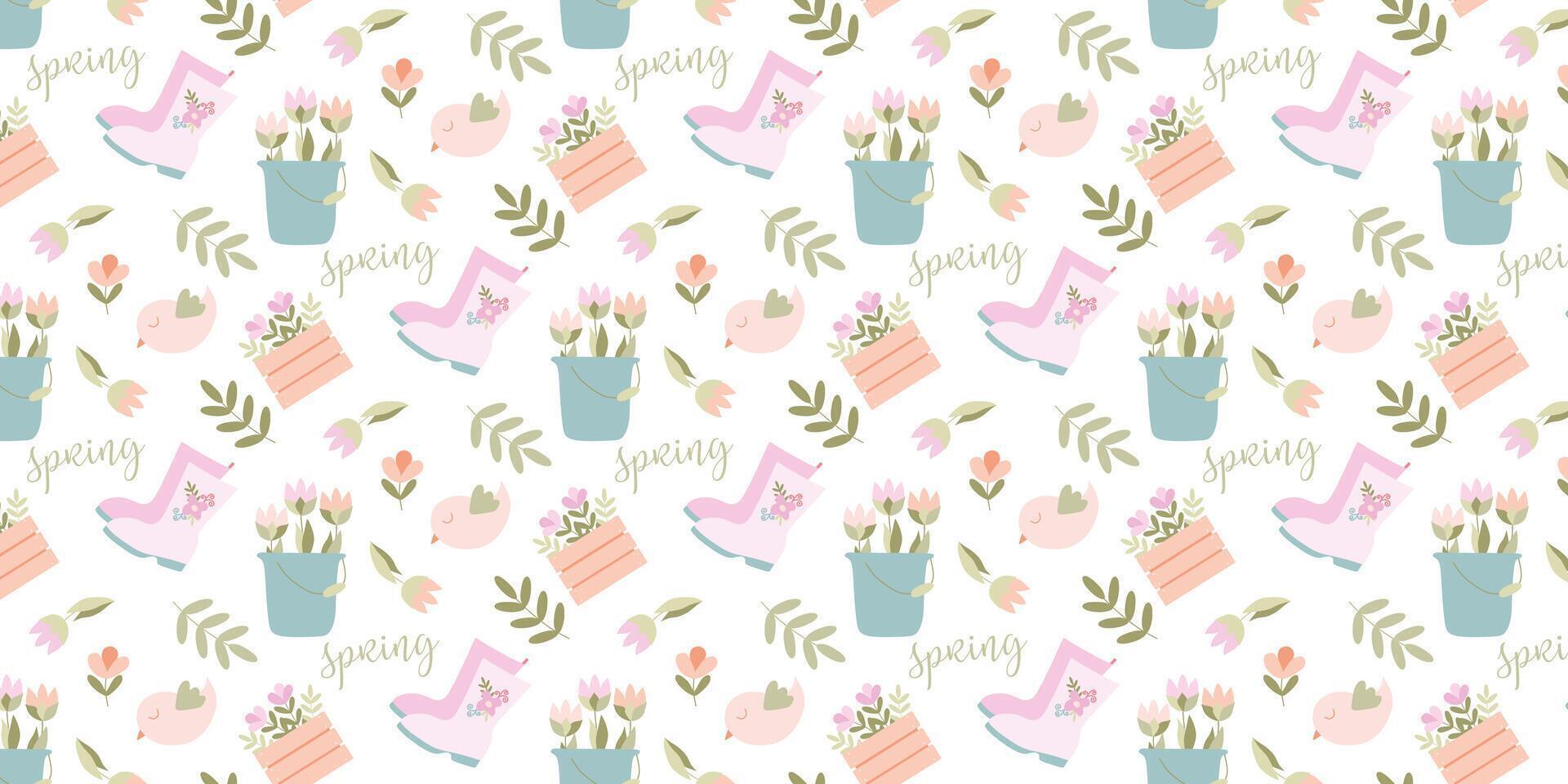 Seamless pattern, Gardening Spring bright. Rubber boots, Bucket, Flowers bouquet, Bird. Leaves. Vector Flat Cute background for Printing on paper, Fabric, Packaging, Textile. Design Art Template.