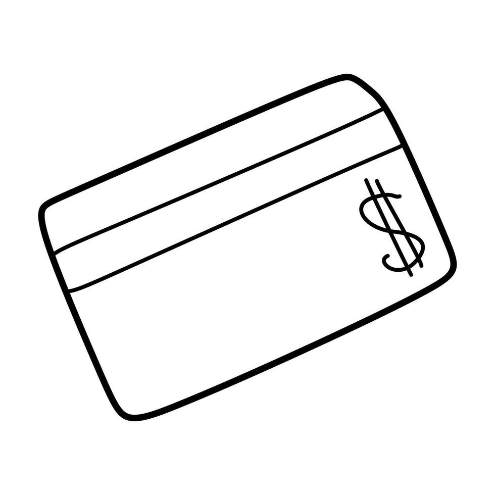 Credit Card Doodle icon with Dollar Sign. Hand drawn Vector Line art Illustration isolated on white. Personal Money Card, Banking, Currency transfer, Electronic Pocket. Linear Design Element.