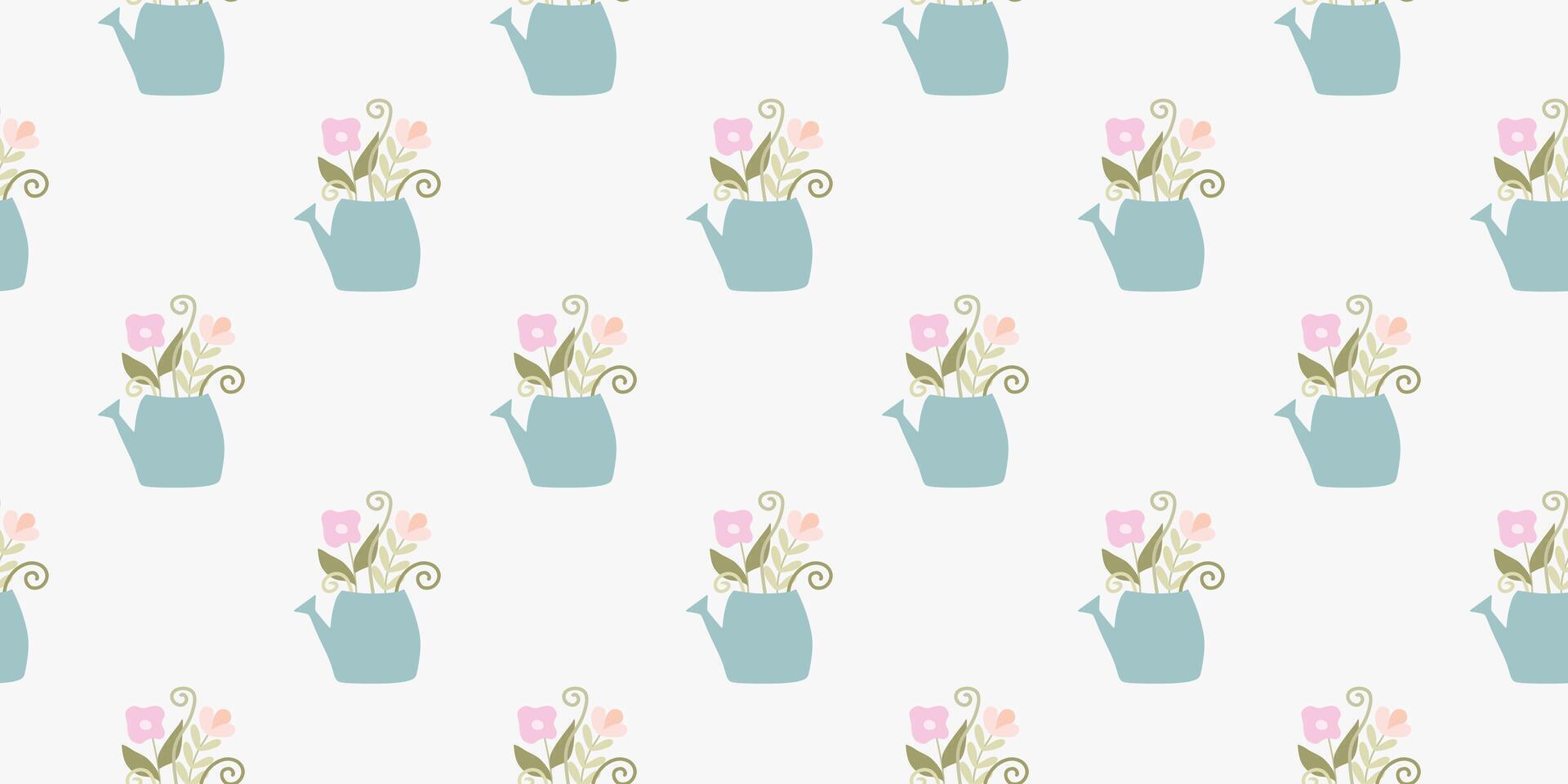 Spring Seamless pattern. Garden Watering Cans with Delicate Flowers bouquet. Color Background for Easter. Template for Print, Textile, Poster, Card, Cloth. Vector Flat illustration in pastel colors