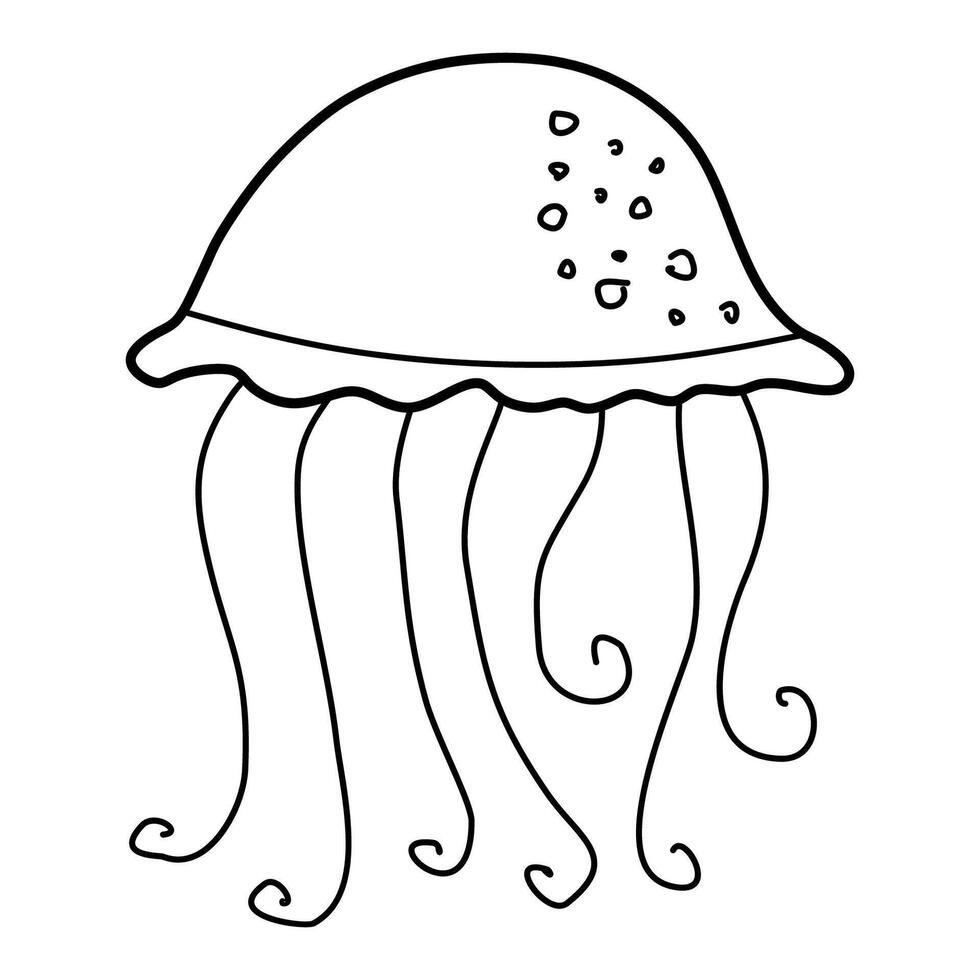 Line Art Doodle Drawing of Adorable Jellyfish. Vector Linear Illustration for Logo design, Card, Poster. See and Marine Animals Concept Object Isolated on White. Modern Outline Ocean Creature.