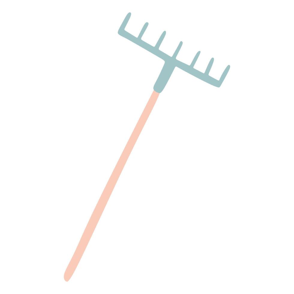 Rake on white background isolated. Metal rake with Wooden hand in style Flat. Garden tool Vector Cartoon Illustration design. Gardening Equipment on White, House holding Concept Design Object.