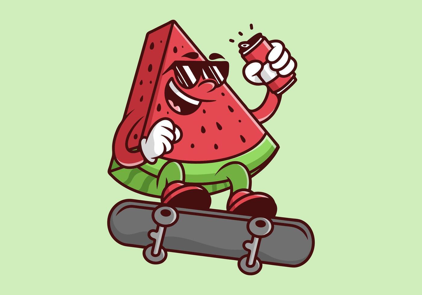 Character of red watermelon on the skateboard. Holding a beer can vector