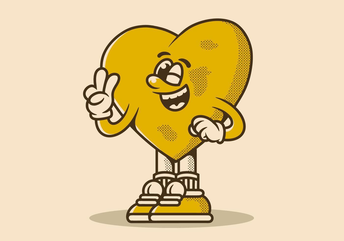 Character illustration of heart with hand form a symbol of peace. Yellow vintage color vector