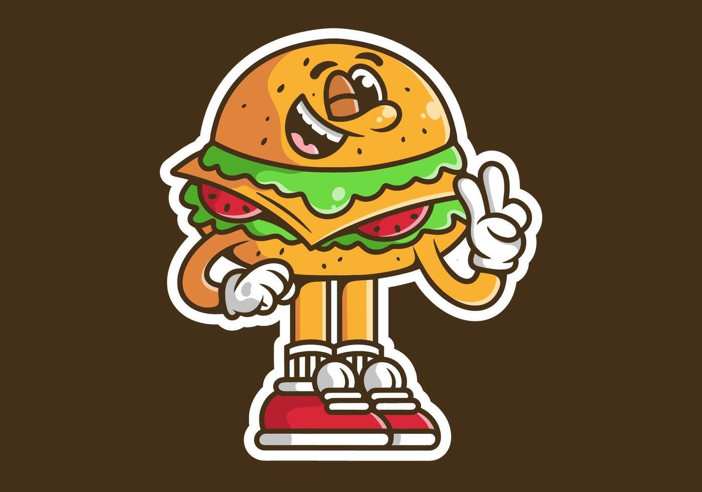 mascota personaje ilustración de un hamburguesa con mano formando paz símbolo vector