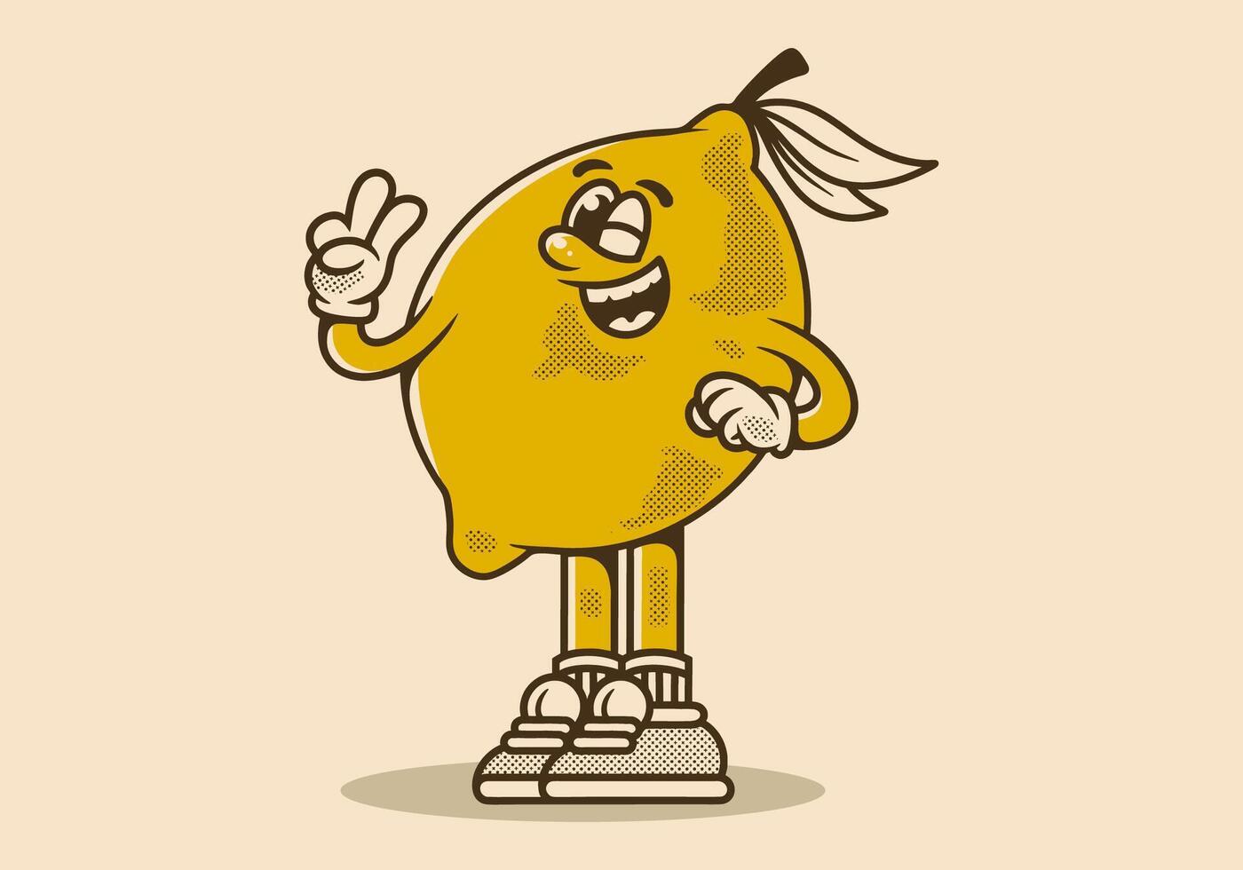 linda mascota personaje de un limón con mano formando paz símbolo vector