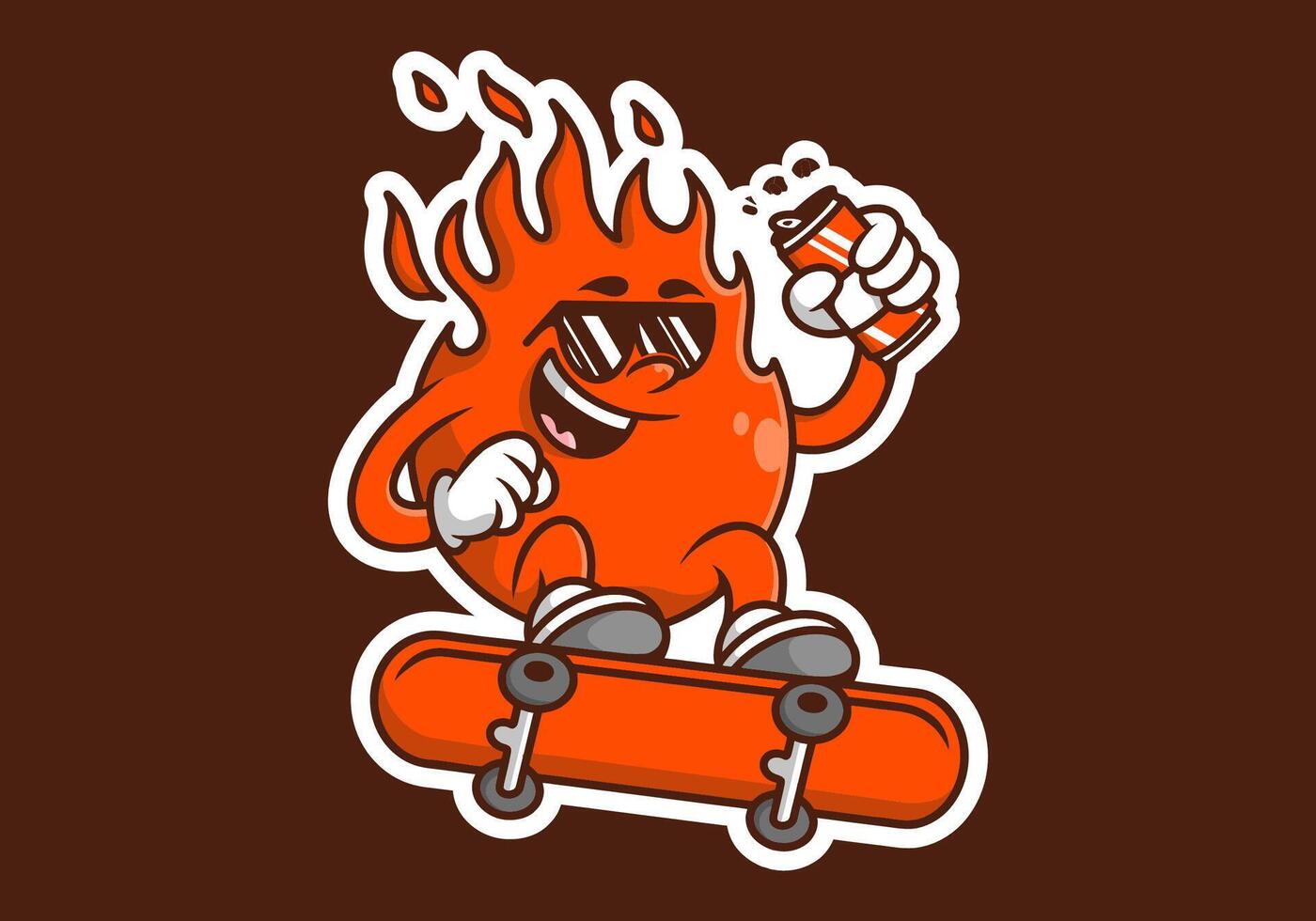 Red color of fire mascot character jumping on board. Holding a beer can vector
