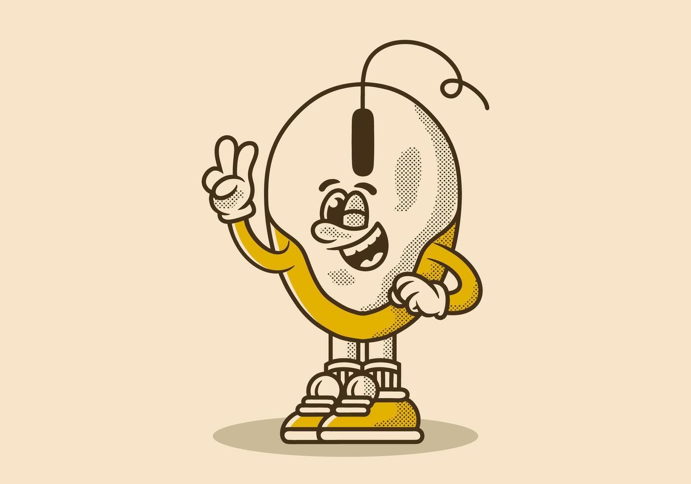 Vintage character illustration of a computer mouse with hands forming a symbol of peace vector