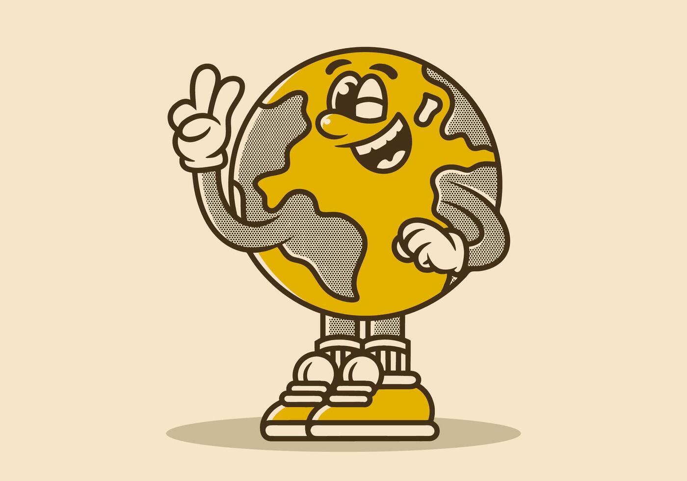 Character illustration of earth with hands forming a symbol of peace. Vintage colors vector