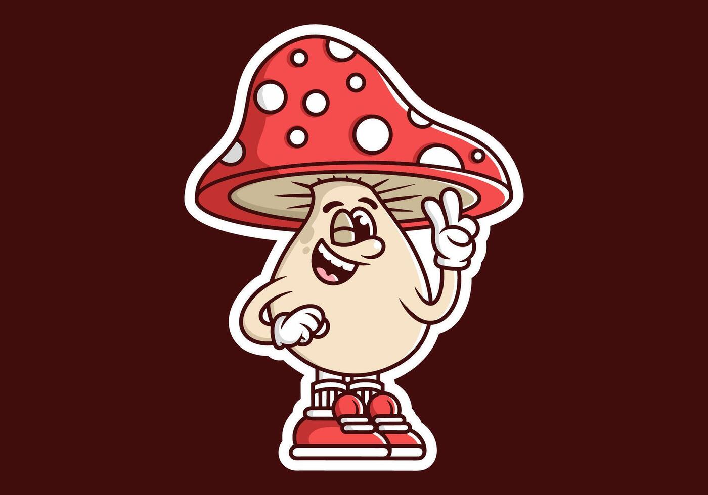 Mascot character of mushroom with hand form a symbol of peace. Red color vector