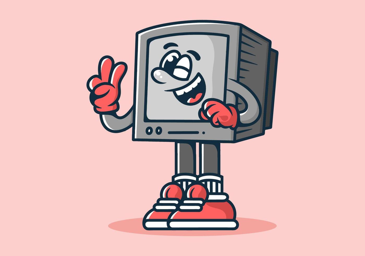 mascota personaje de antiguo monitor en pie con mano formando un paz símbolo. gris color vector