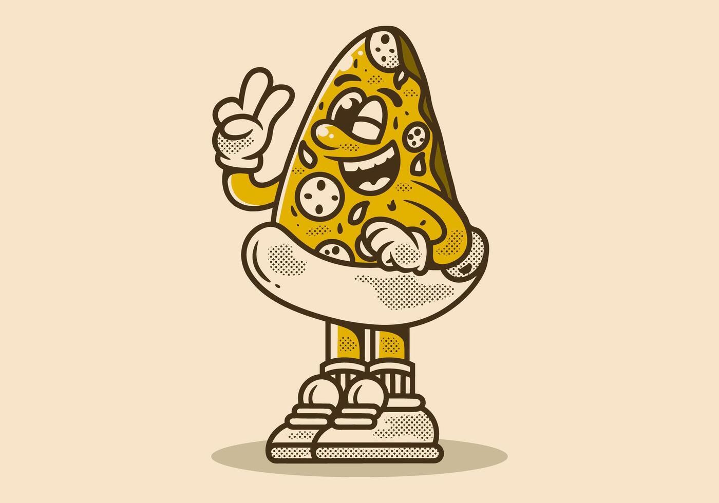 mascota personaje ilustración de un Pizza con mano formando paz símbolo vector