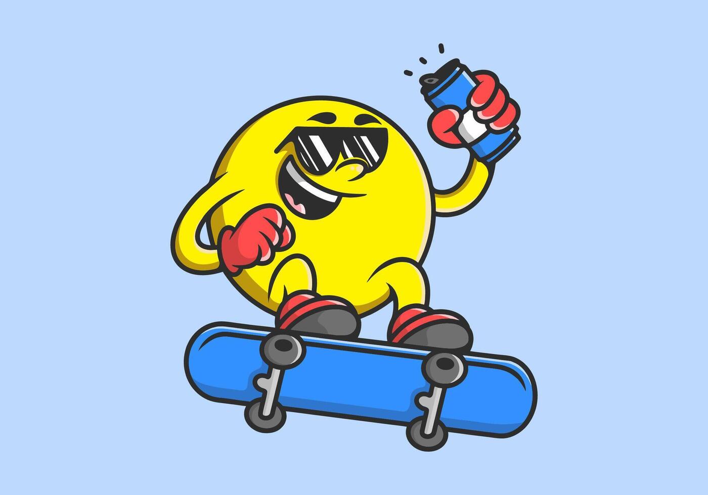 Character of yellow ball head jumping on the skateboard. Holding a beer can vector