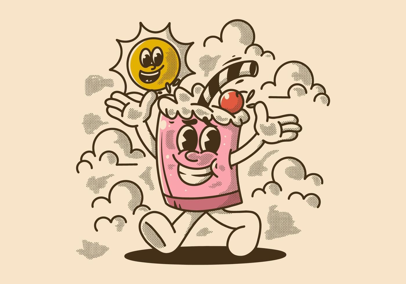 Mascot character illustration of a walking ice cream float and a sun vector