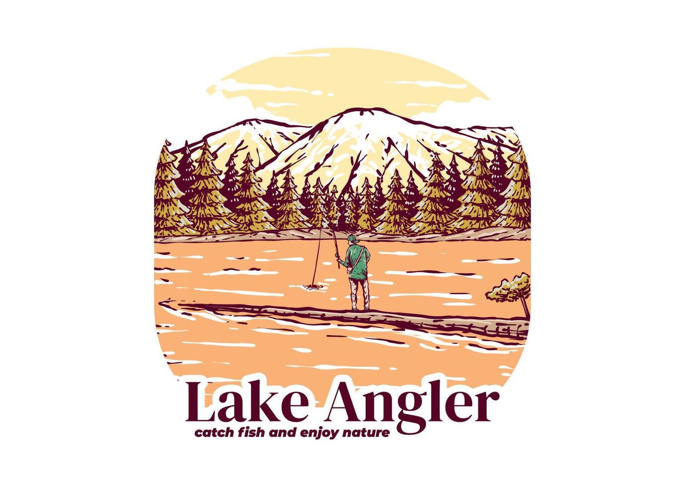 Vintage illustration of a man fishing on the lake with forest and mountain view vector