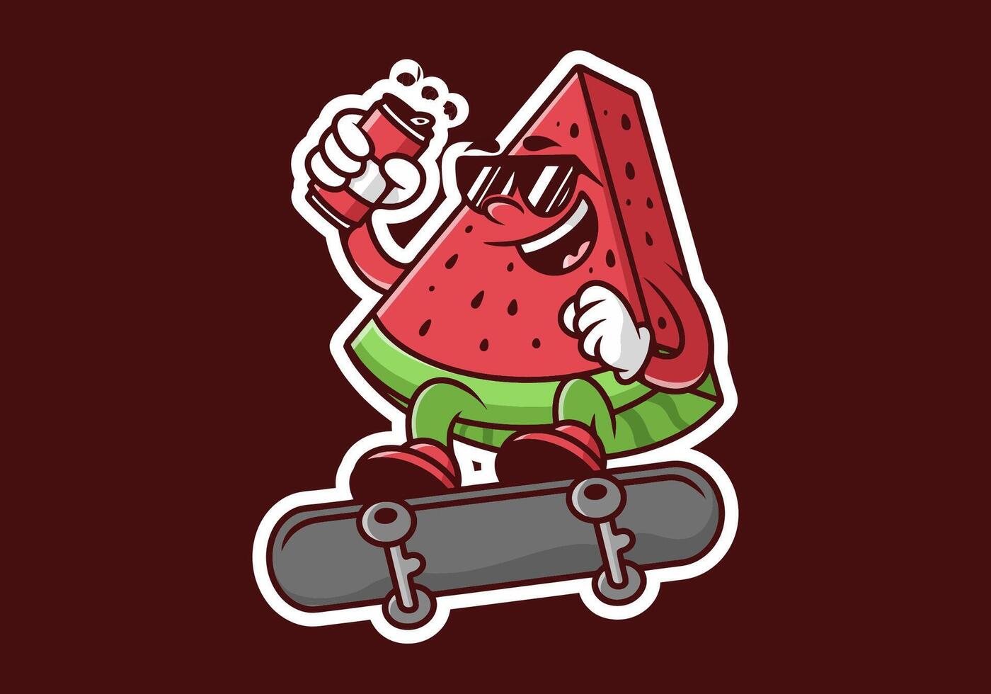 Character of red watermelon on the skateboard. Holding a beer can vector