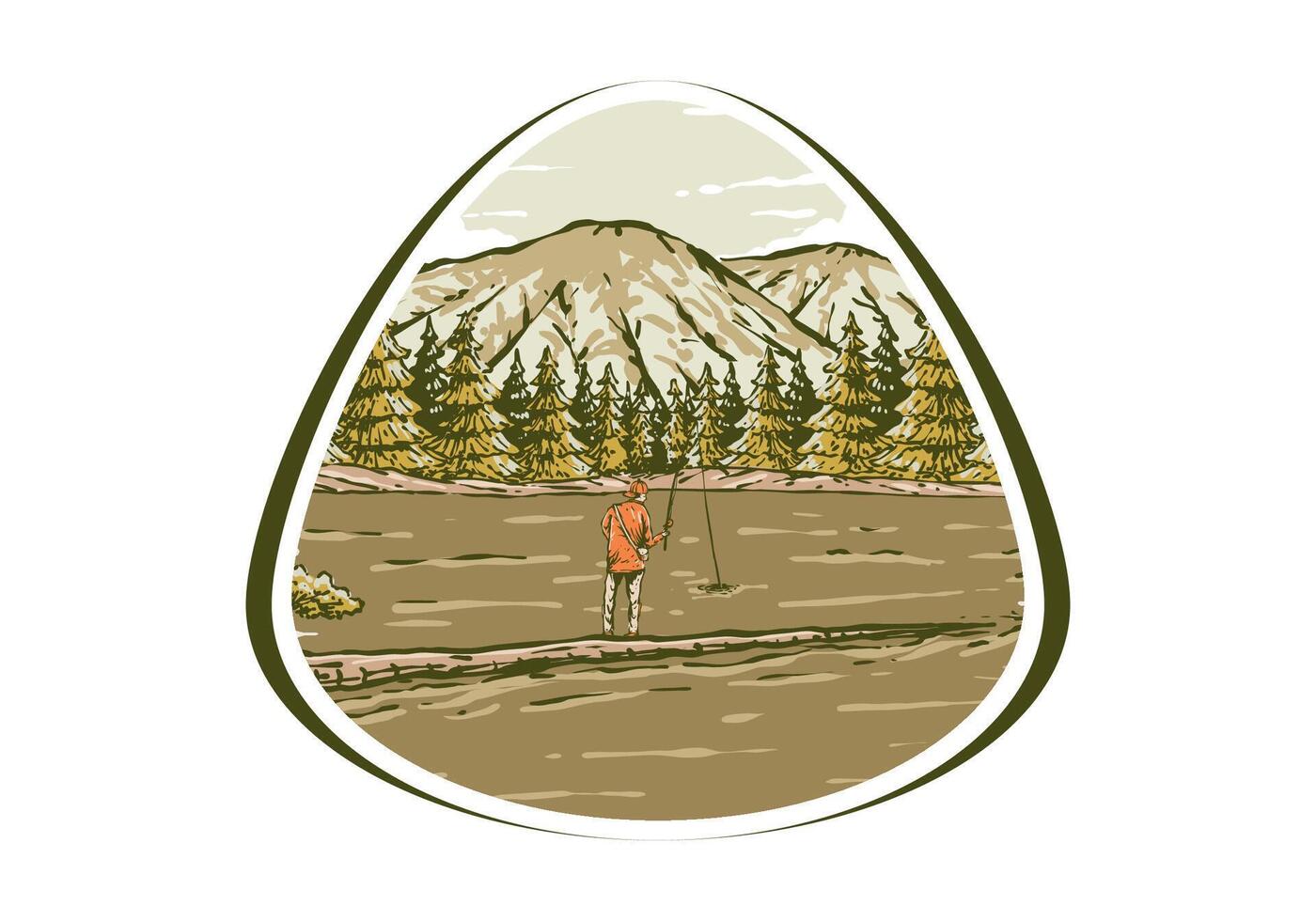 Vintage illustration of a man fishing on the lake with forest and mountain view vector