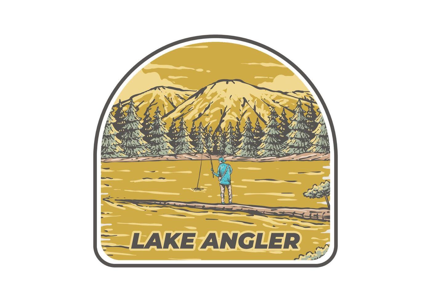 Vintage illustration of a man fishing on the lake with forest and mountain view vector