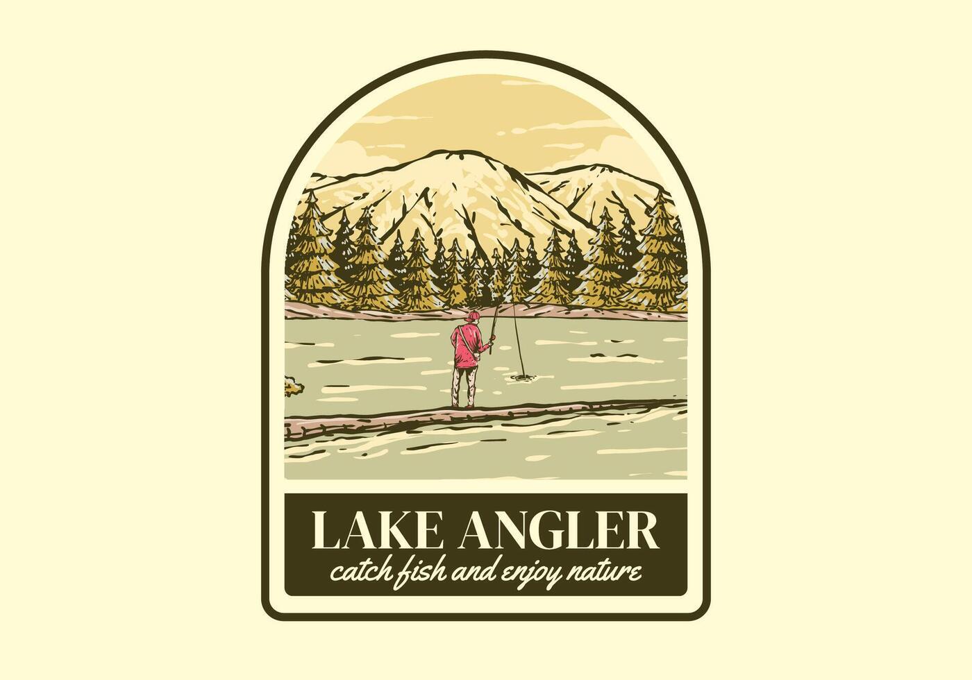 Vintage illustration of a man fishing on the lake with forest and mountain view vector