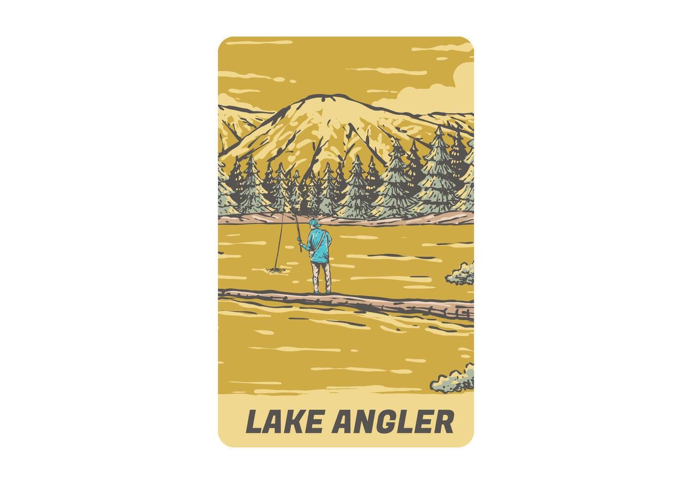 Vintage illustration of a man fishing on the lake with forest and mountain view vector