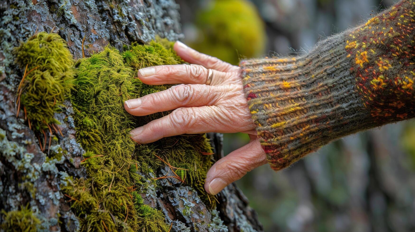 AI generated Hand Resting on Moss Covered Tree photo