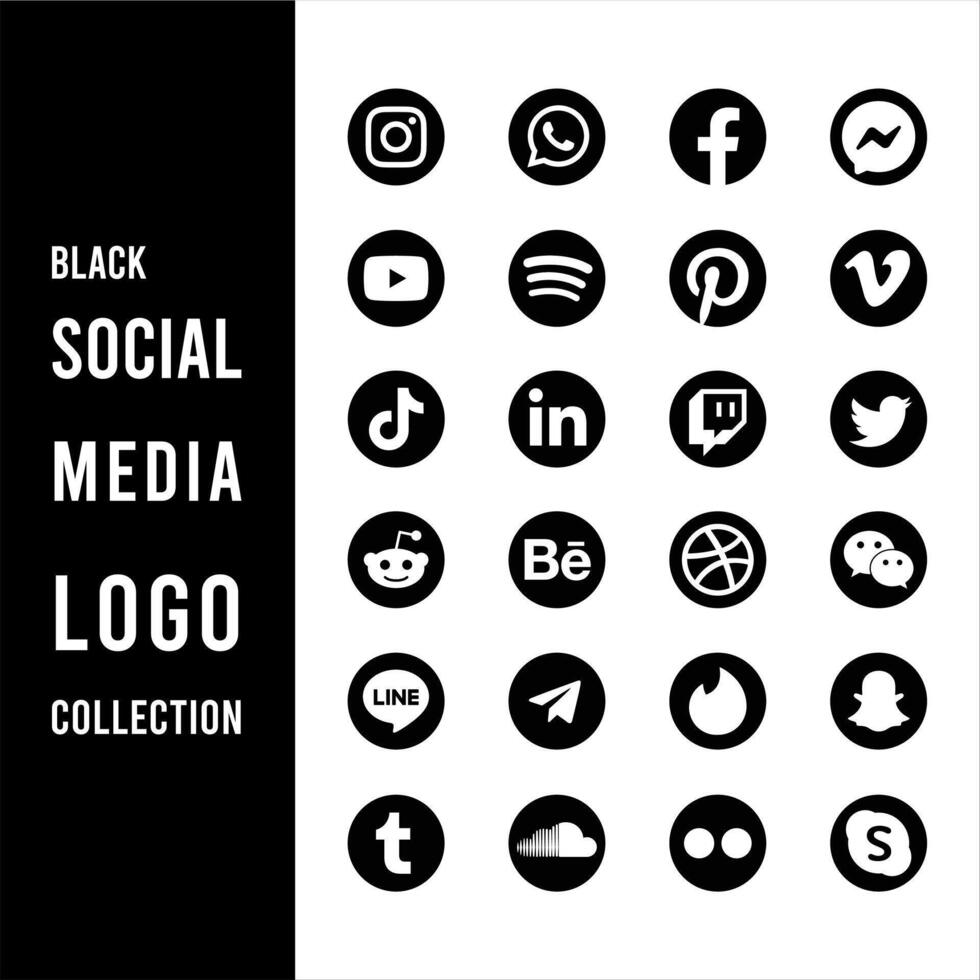 Black Social media logo icons Black colored icon set illustration facebook twitter instagram etc vector