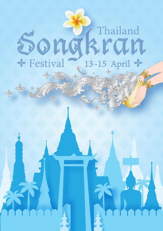 mujer manos participación un dorado cuenco salpicaduras agua en el tradicional tailandés modelo estilo con el nombre de evento en azul tailandés modelo y paisaje antecedentes. póster de Tailandia Songkran festival. vector