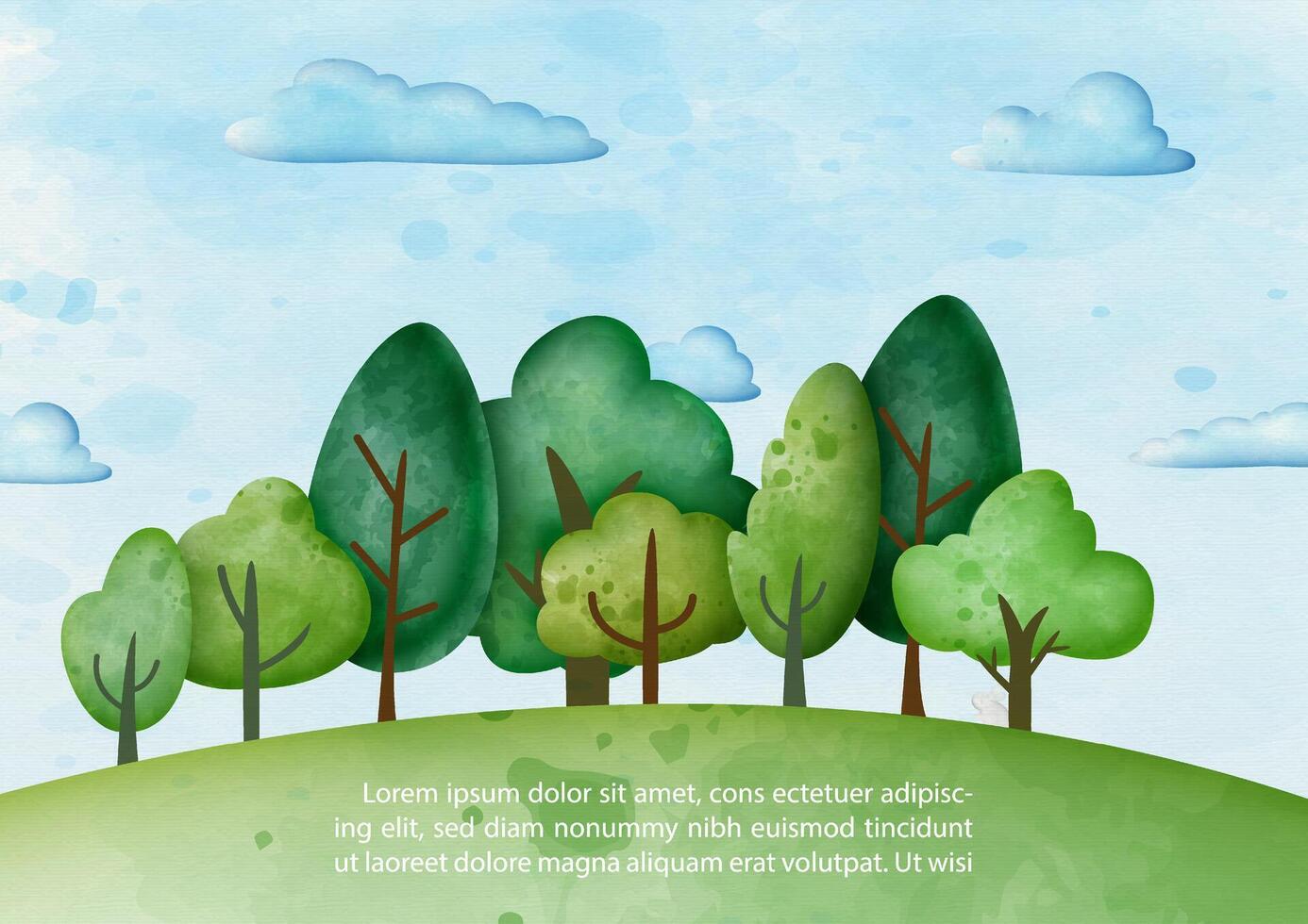 Trees and small forest with example texts on blue sky background. Poster campaign of world environment day in watercolors style and vector design.