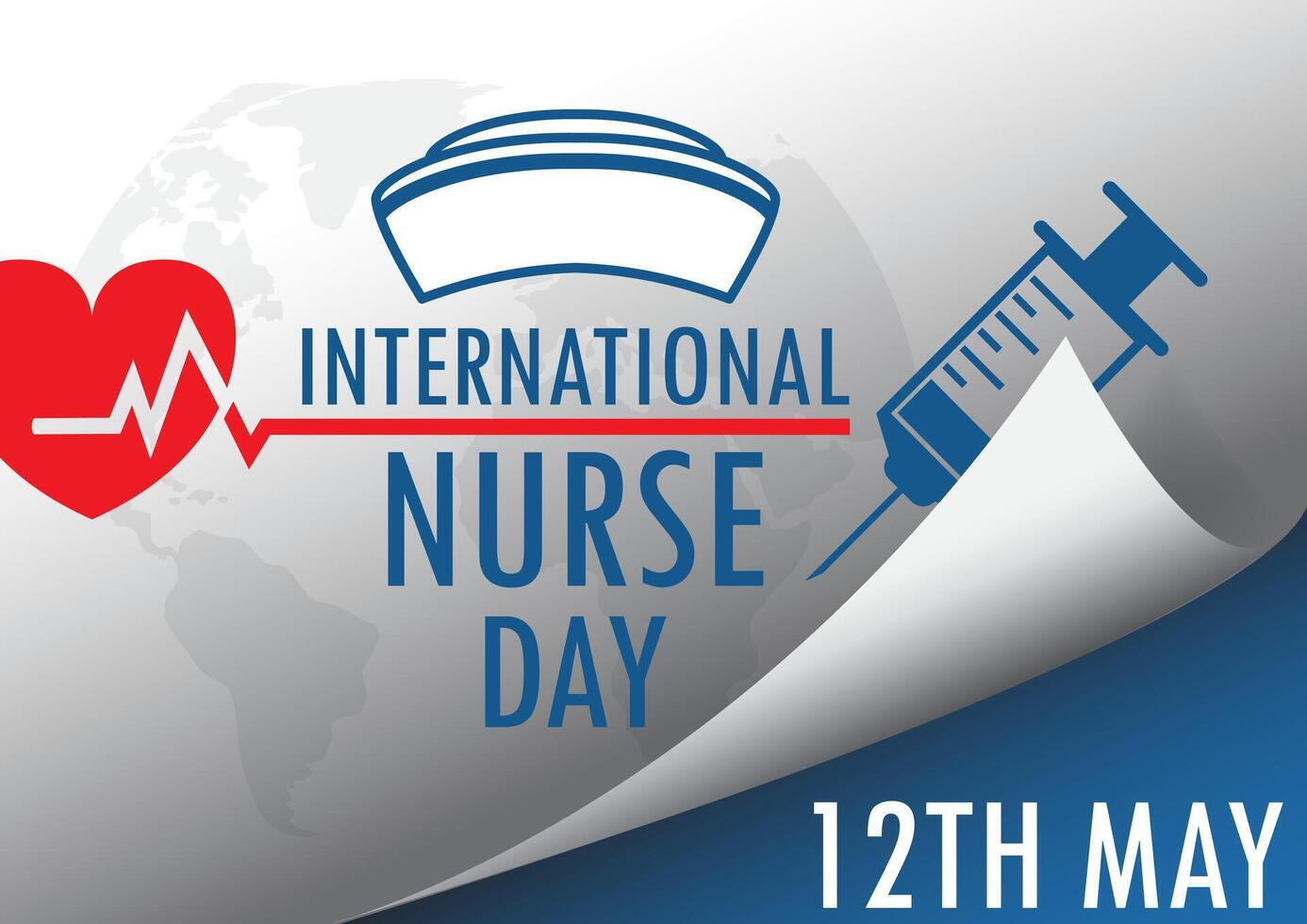 Nurse hat with the day, name of event lettering and red heart with pulse, blue syringe icon on world map and white paper opened design with blue background. vector design of International Nurse Day.