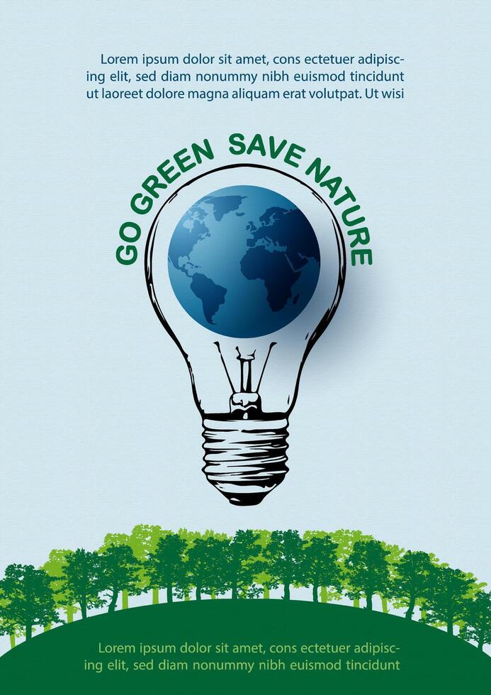 Small globe on light blub drawing and green forest, example texts on blue background. Concept poster campaign of world environment day and save energy, save earth in vector design.