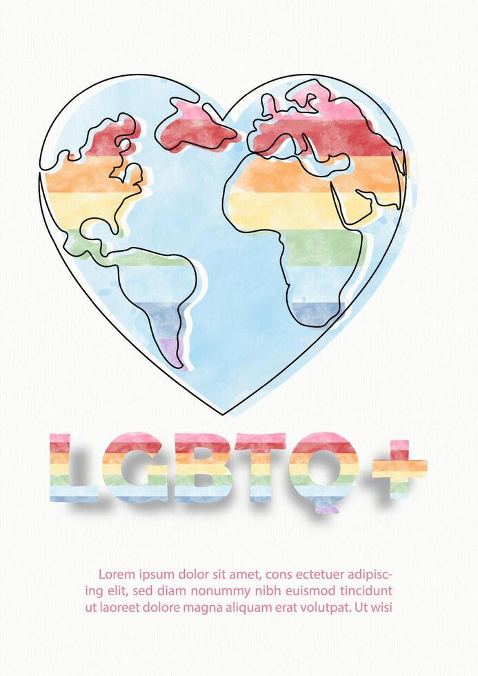 World map in line art and heart shape with rainbow colors and wording of LGBTQ, example texts on white paper pattern background.  Poster of LGBT Pride month in vector design
