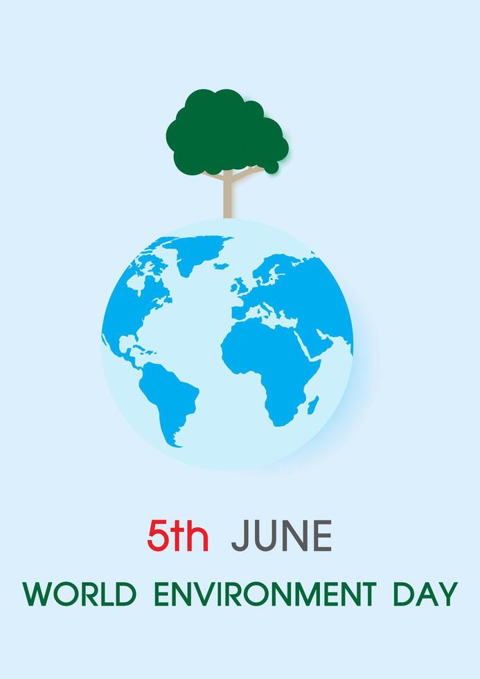 Single tree on the blue earth with the day and name of World Environment Day letter on light blue background. All in vector design.