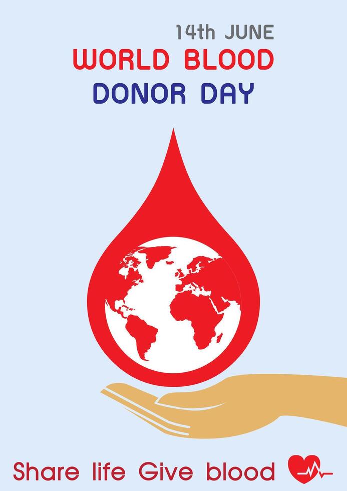 A small earth in blood droplet float on hand with slogan and name of World Blood Donor Day letter in vector design isolate on light blue background.