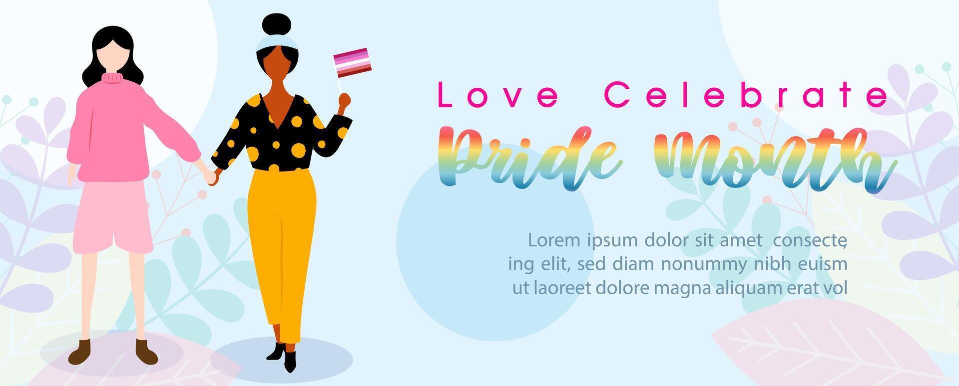 lesbiana Pareja con arco iris orgullo mes letras y ejemplo textos, póster de lgbt orgullo mes en vector diseño